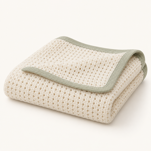 Skinkfine Cream Knit Baby Blanket – Textured Nursery Blanket with Sage Green Trim