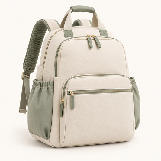 Skinkfine Cream and Sage Diaper Backpack – Multi-Pocket Baby Travel Bag