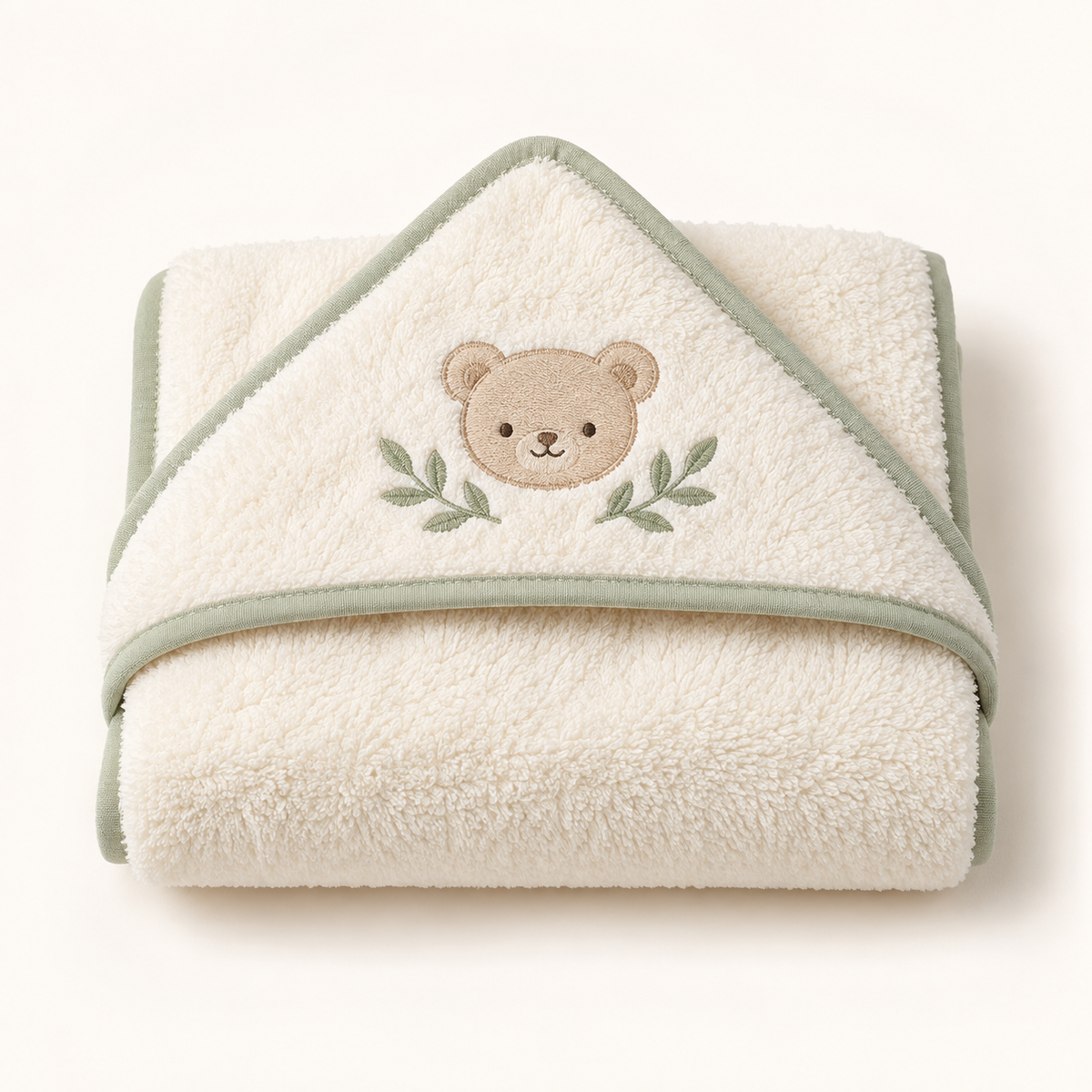 Skinkfine Bear Embroidered Hooded Baby Towel – Cream Bath Wrap with Sage Trim