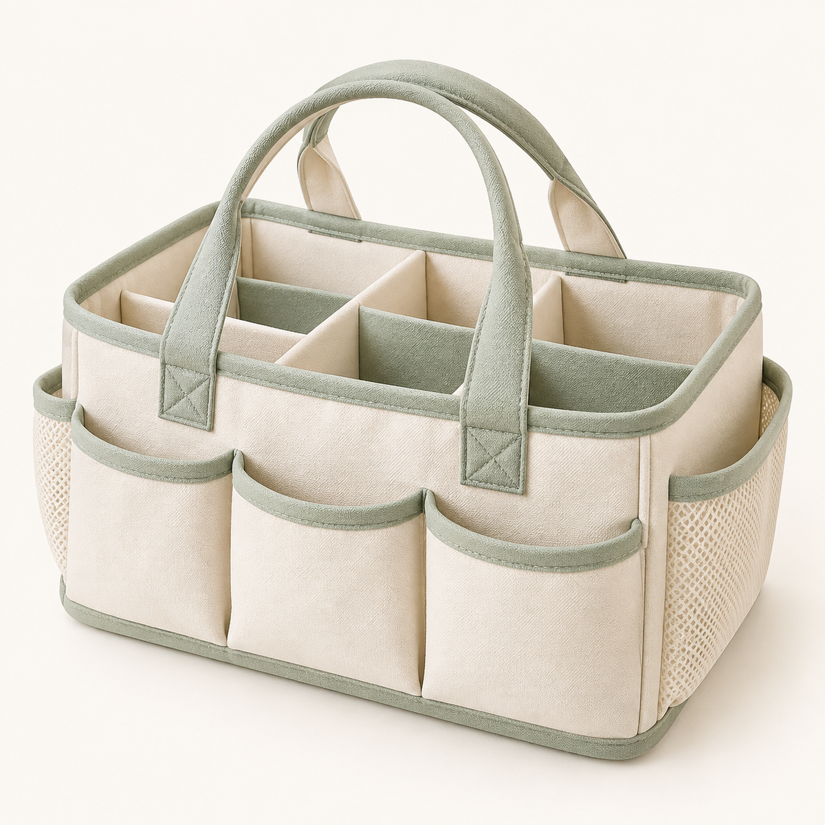 Skinkfine Cream and Sage Nursery Organizer Caddy – Multi-Compartment Storage Basket