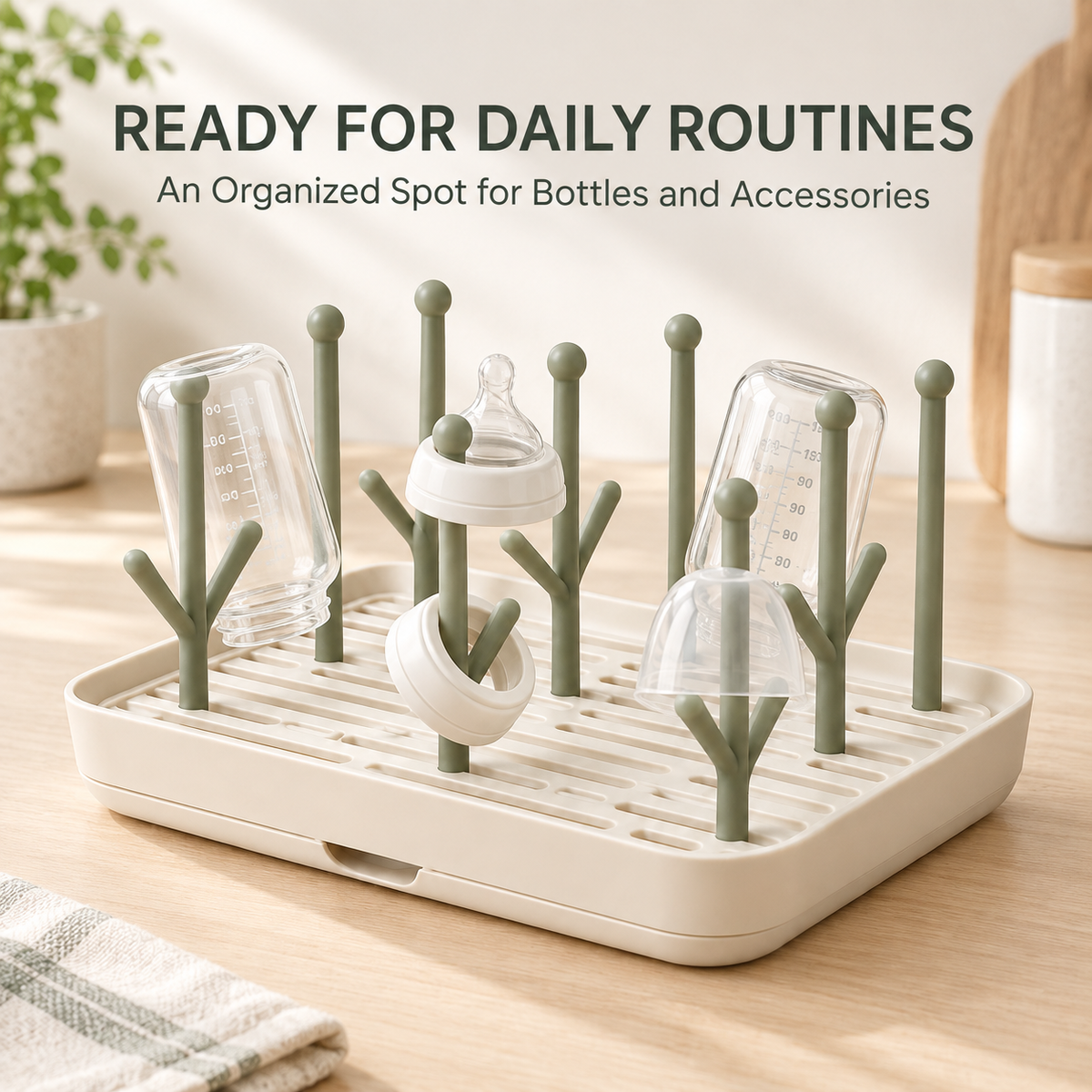 Skinkfine Bottle Drying Rack – Multi-Peg Countertop Organizer with Drip Tray