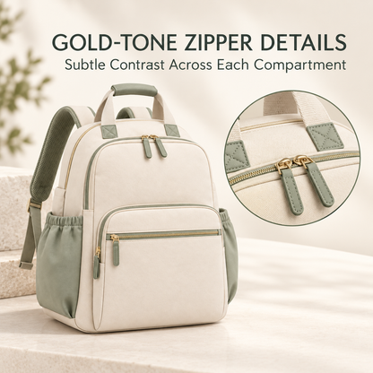 Skinkfine Cream and Sage Diaper Backpack – Multi-Pocket Baby Travel Bag
