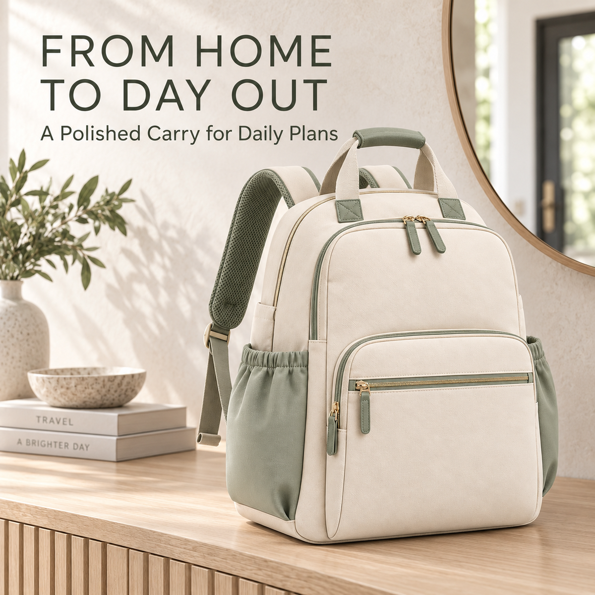 Skinkfine Cream and Sage Diaper Backpack – Multi-Pocket Baby Travel Bag