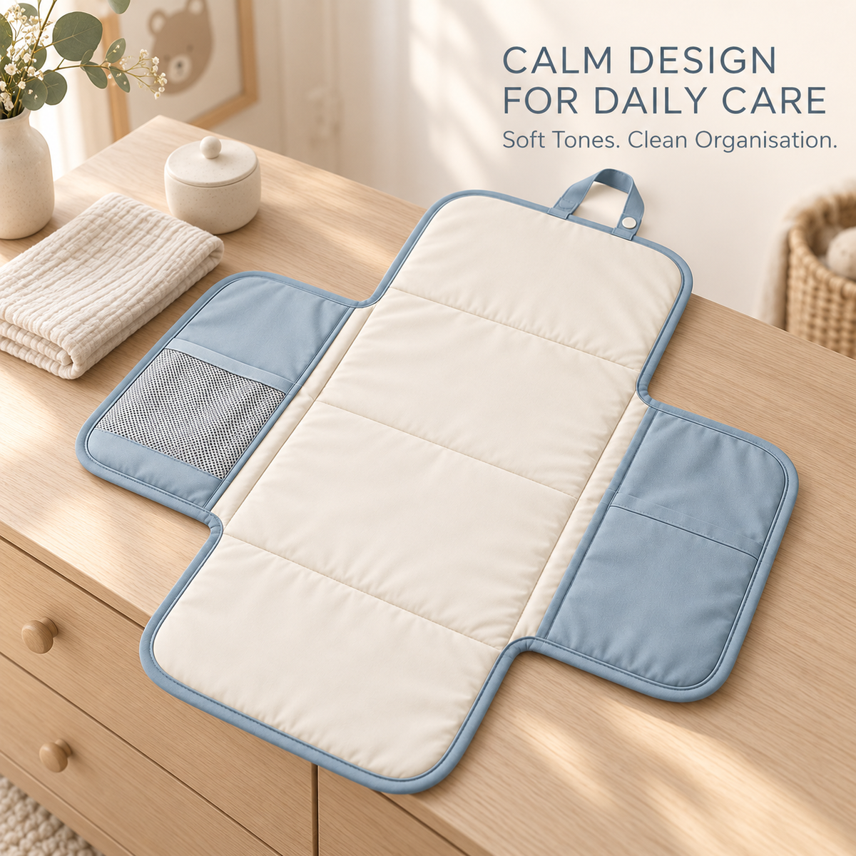 Skinkfine Blue Foldable Baby Changing Mat – Travel Pad with Storage Pockets