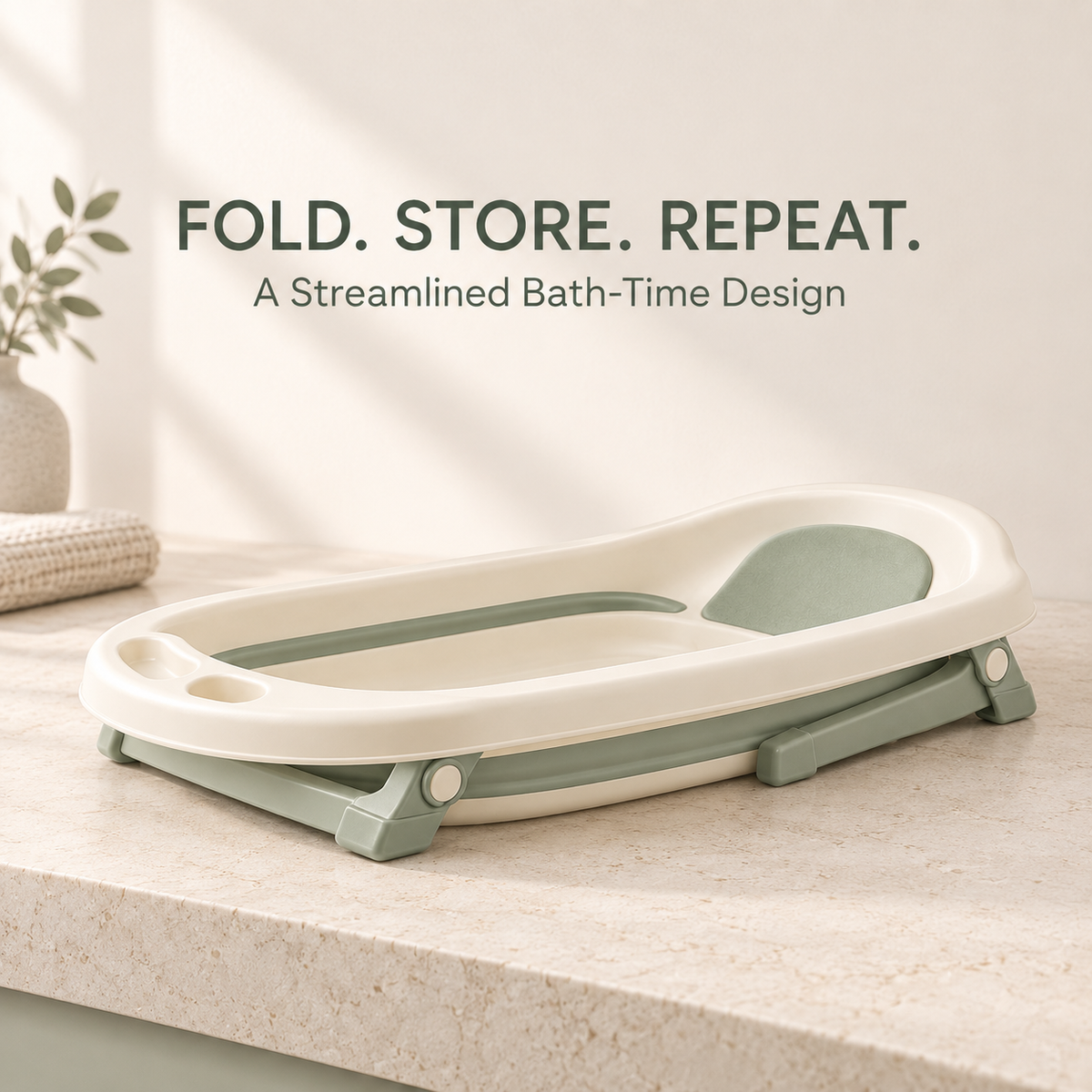 Skinkfine Cream and Sage Foldable Baby Bathtub – Raised Bath with Support Frame