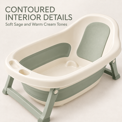Skinkfine Cream and Sage Foldable Baby Bathtub – Raised Bath with Support Frame
