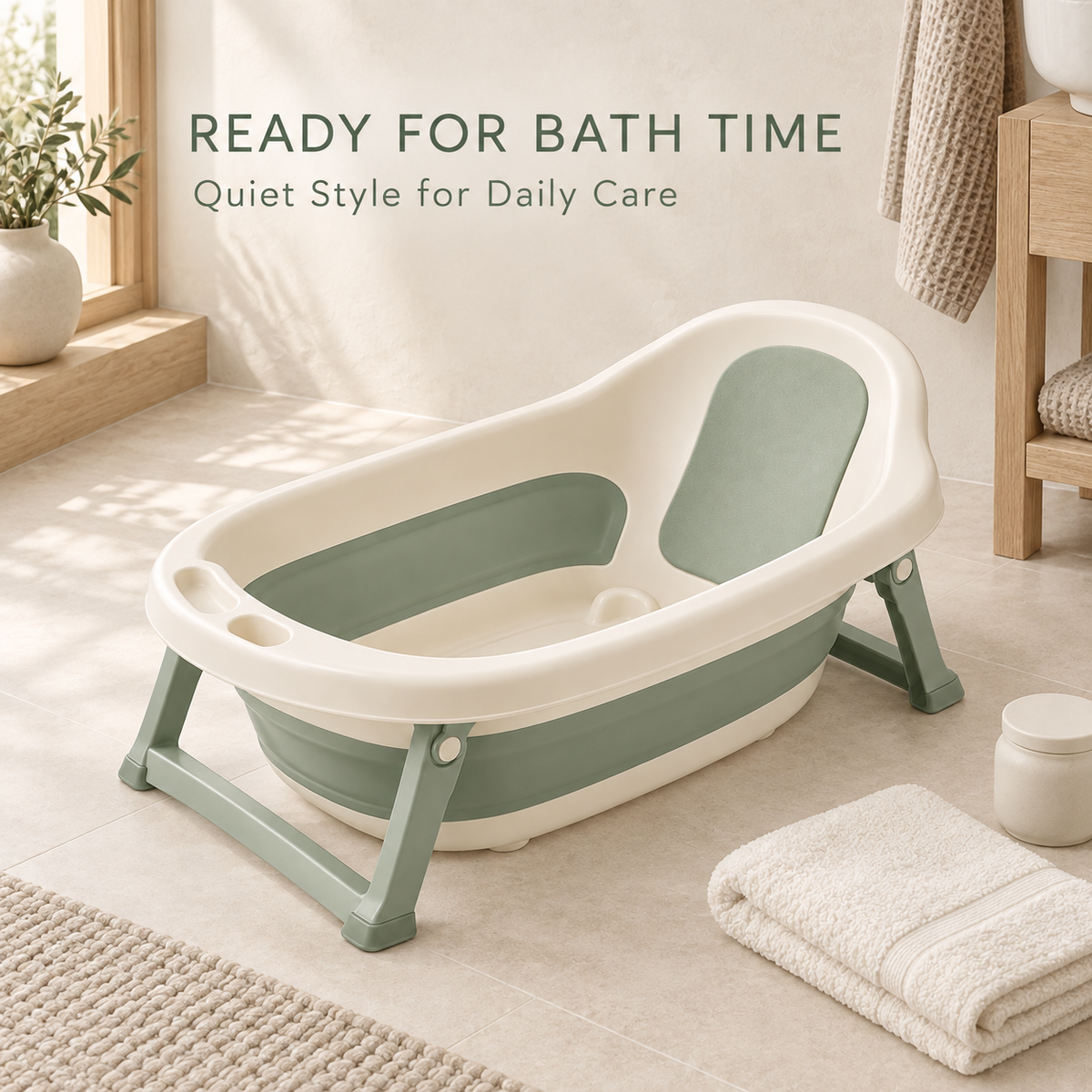 Skinkfine Cream and Sage Foldable Baby Bathtub – Raised Bath with Support Frame