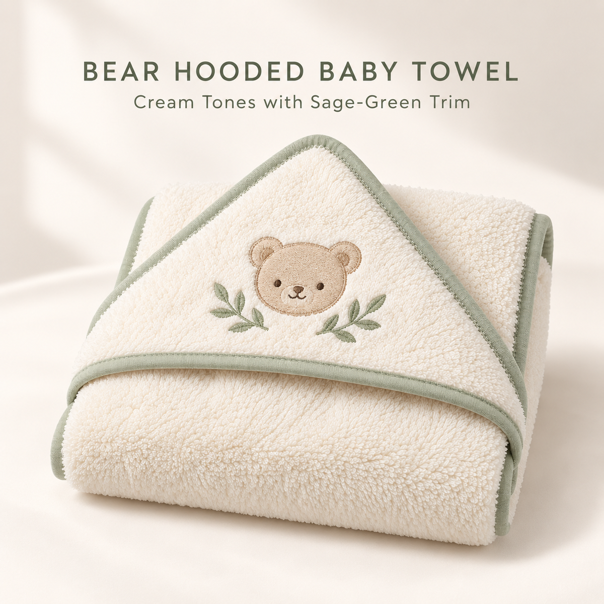 Skinkfine Bear Embroidered Hooded Baby Towel – Cream Bath Wrap with Sage Trim