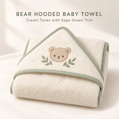 Skinkfine Bear Embroidered Hooded Baby Towel – Cream Bath Wrap with Sage Trim