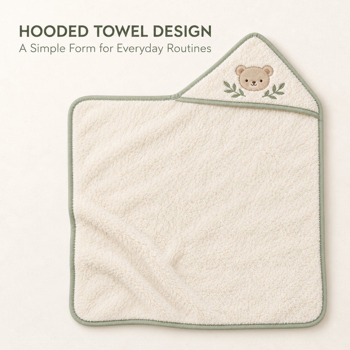 Skinkfine Bear Embroidered Hooded Baby Towel – Cream Bath Wrap with Sage Trim
