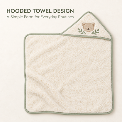 Skinkfine Bear Embroidered Hooded Baby Towel – Cream Bath Wrap with Sage Trim