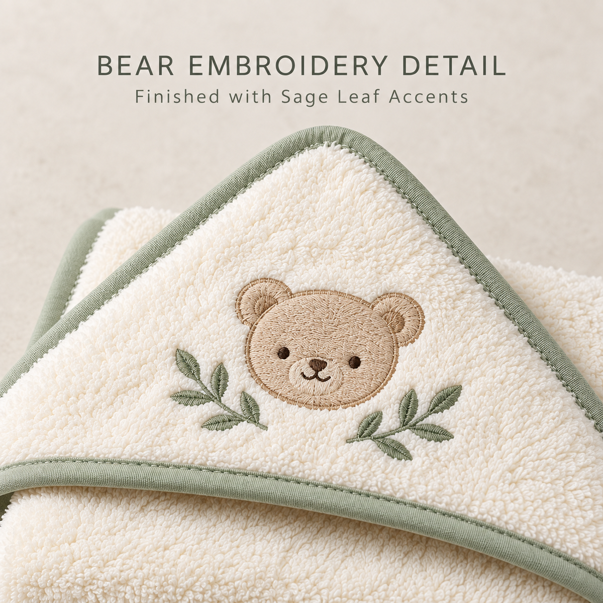Skinkfine Bear Embroidered Hooded Baby Towel – Cream Bath Wrap with Sage Trim