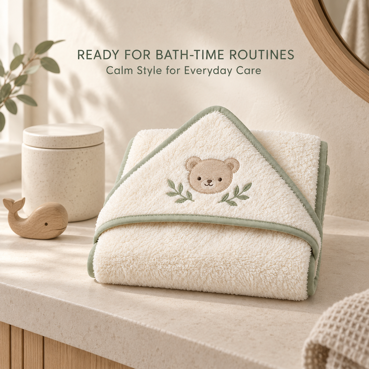 Skinkfine Bear Embroidered Hooded Baby Towel – Cream Bath Wrap with Sage Trim