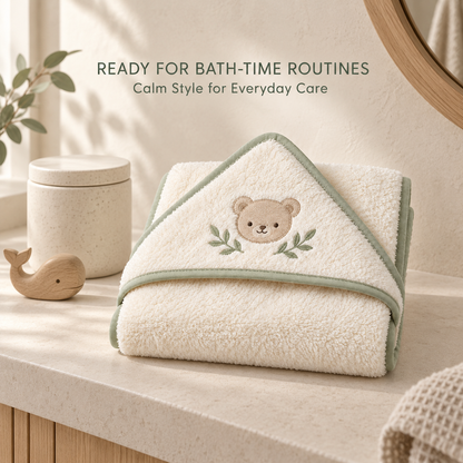 Skinkfine Bear Embroidered Hooded Baby Towel – Cream Bath Wrap with Sage Trim