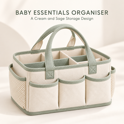 Skinkfine Cream and Sage Nursery Organizer Caddy – Multi-Compartment Storage Basket