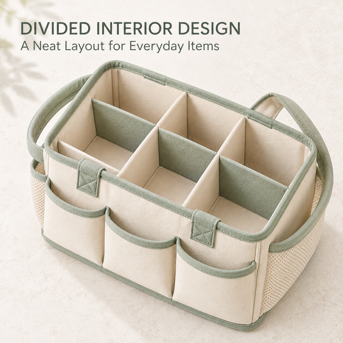 Skinkfine Cream and Sage Nursery Organizer Caddy – Multi-Compartment Storage Basket