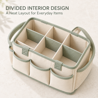 Skinkfine Cream and Sage Nursery Organizer Caddy – Multi-Compartment Storage Basket