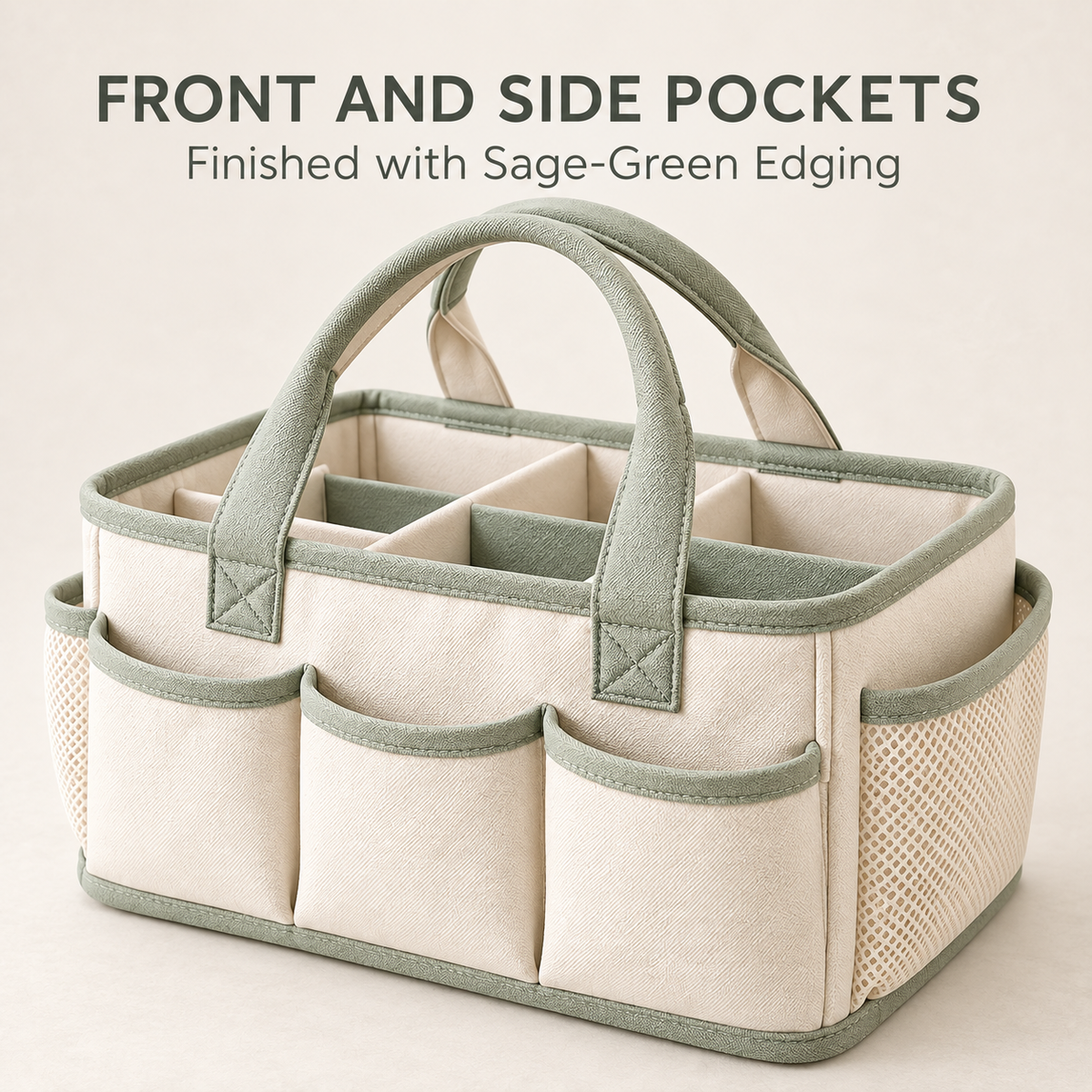 Skinkfine Cream and Sage Nursery Organizer Caddy – Multi-Compartment Storage Basket