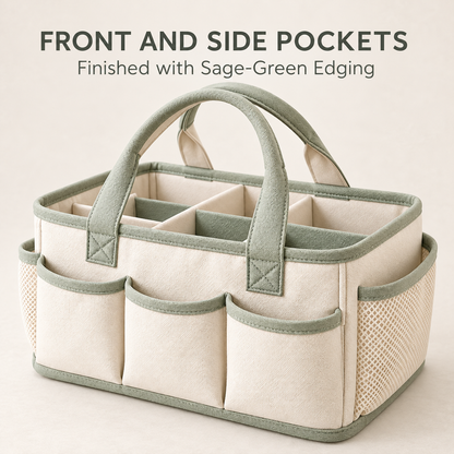 Skinkfine Cream and Sage Nursery Organizer Caddy – Multi-Compartment Storage Basket