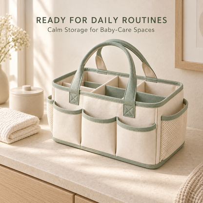 Skinkfine Cream and Sage Nursery Organizer Caddy – Multi-Compartment Storage Basket
